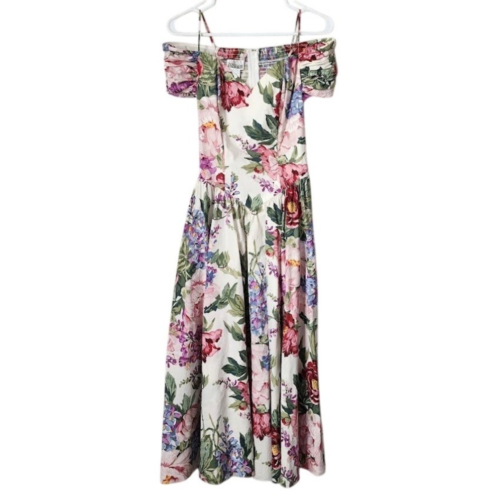 MODA INTERNATIONAL 80s Floral Garden Party Off Shoulder Dress Cottagecore 6